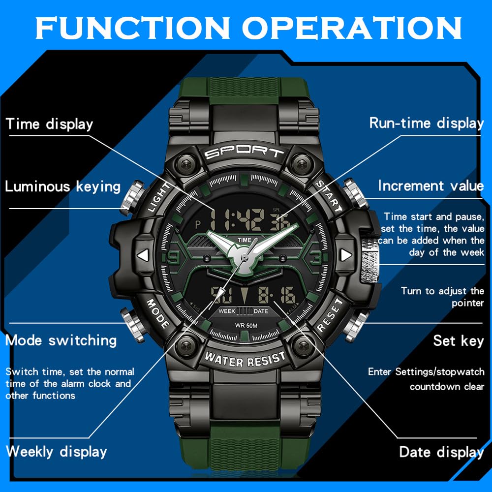 findtime Reloj deportivo militar para hombre, reloj digital resistente al agua con retroiluminación LED, alarma, cronómetro