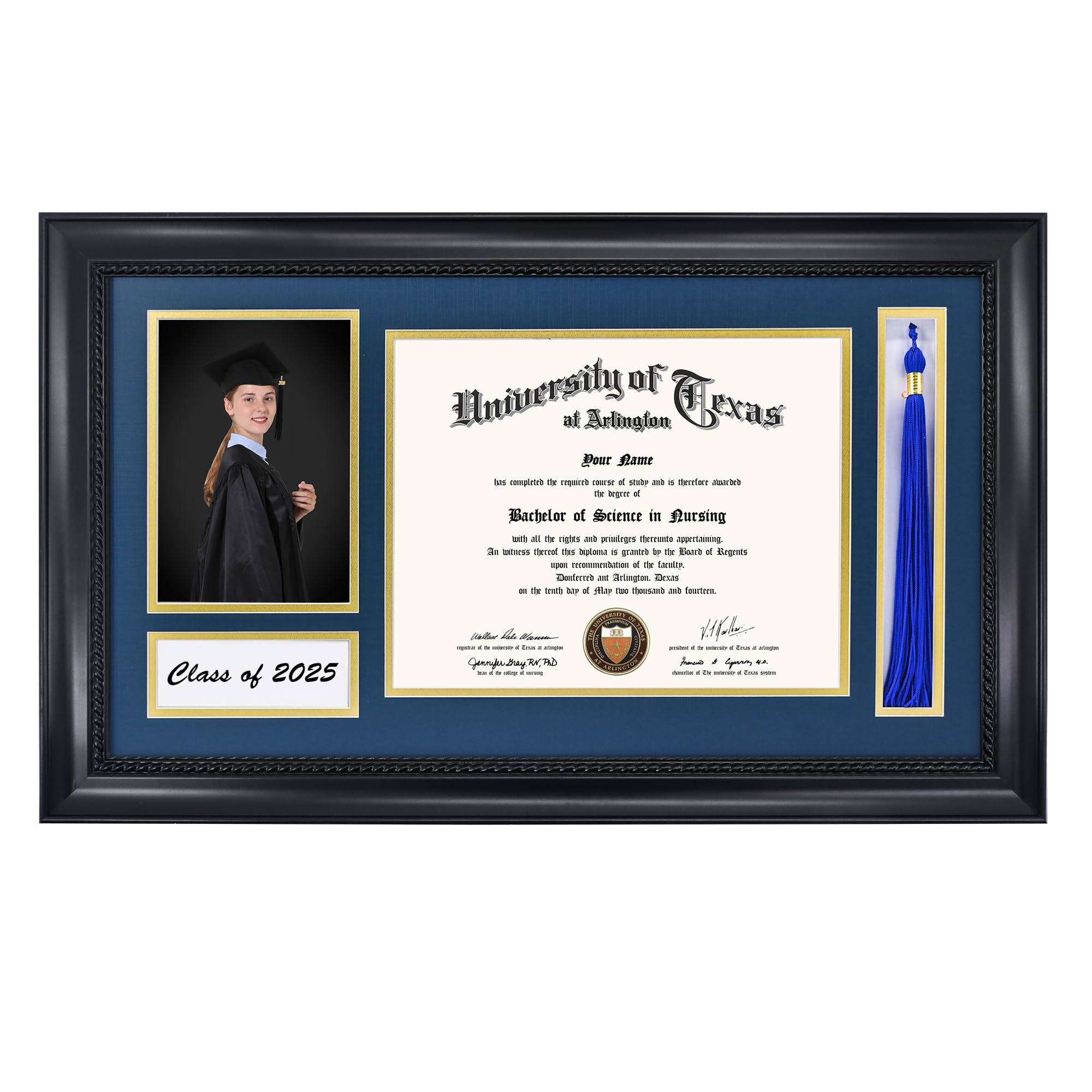 Photo 1 of GMFrames Class of 2026 Diploma Frame with Tassel Holder for 8.5x11 Certificate & 5x7 Photo,Solid Wood & Tempered Glass, Navy over Gold Mat, Black Finish