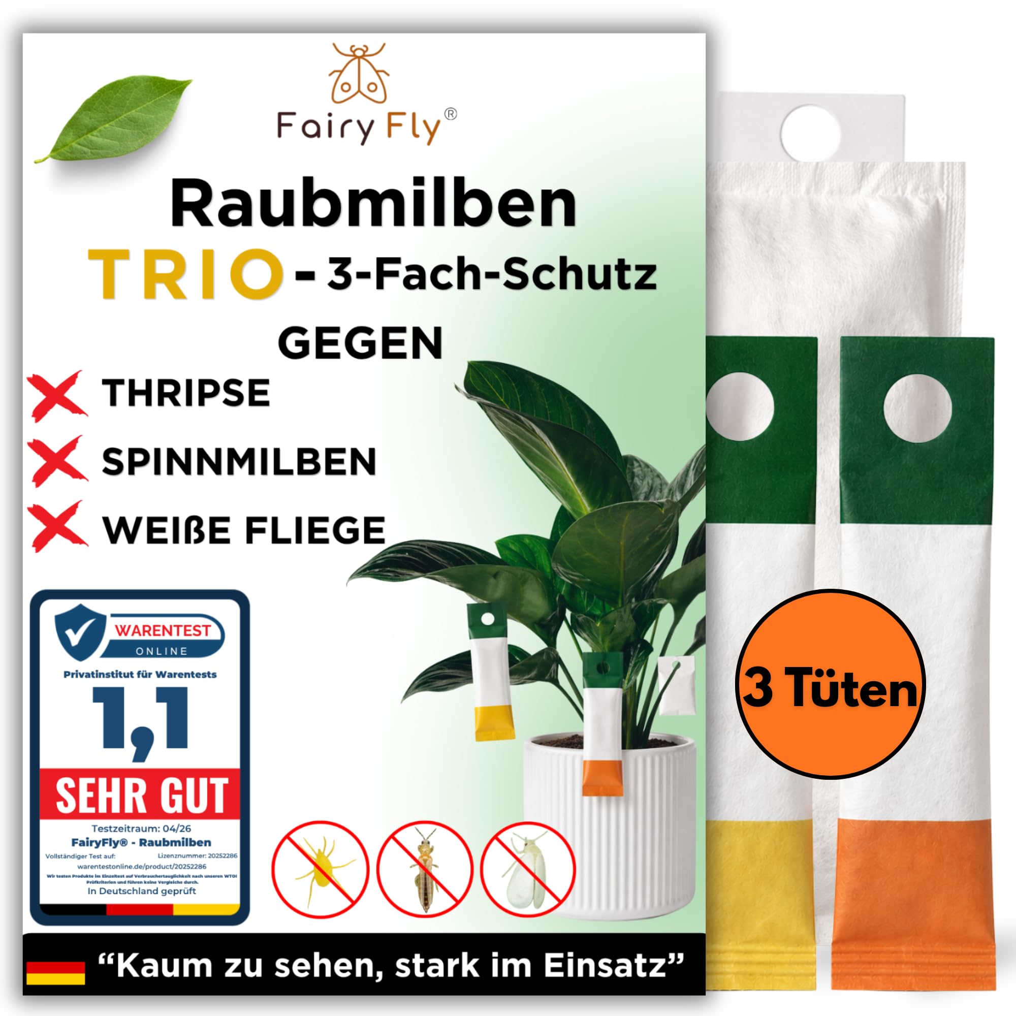 Fairyfly® Raubmilben-TRIO gegen Thripse, Spinnmilben & Weiße Fliege – Nützlinge für Zimmerpflanzen & Pflanzen – biologische Schädlingsbekämpfung (Cucumeris, Californicus, Swirskii)