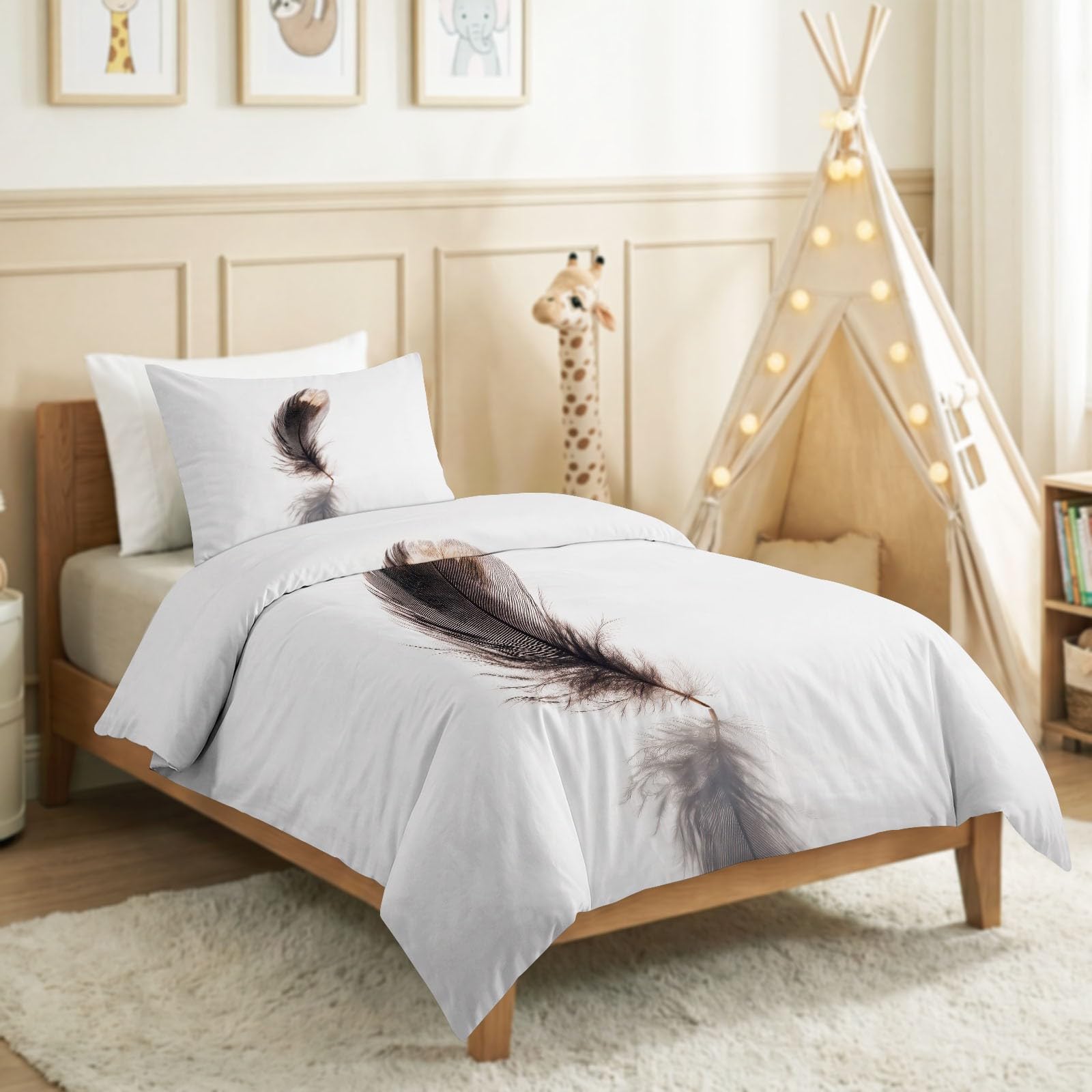Biancheria da letto, 240 x 220 cm, motivo animali, piume, texture minimalista, stampa 3D, facile manutenzione, 3 pezzi, in poliestere e cotone, con chiusura lampo, adatto per persone allergiche