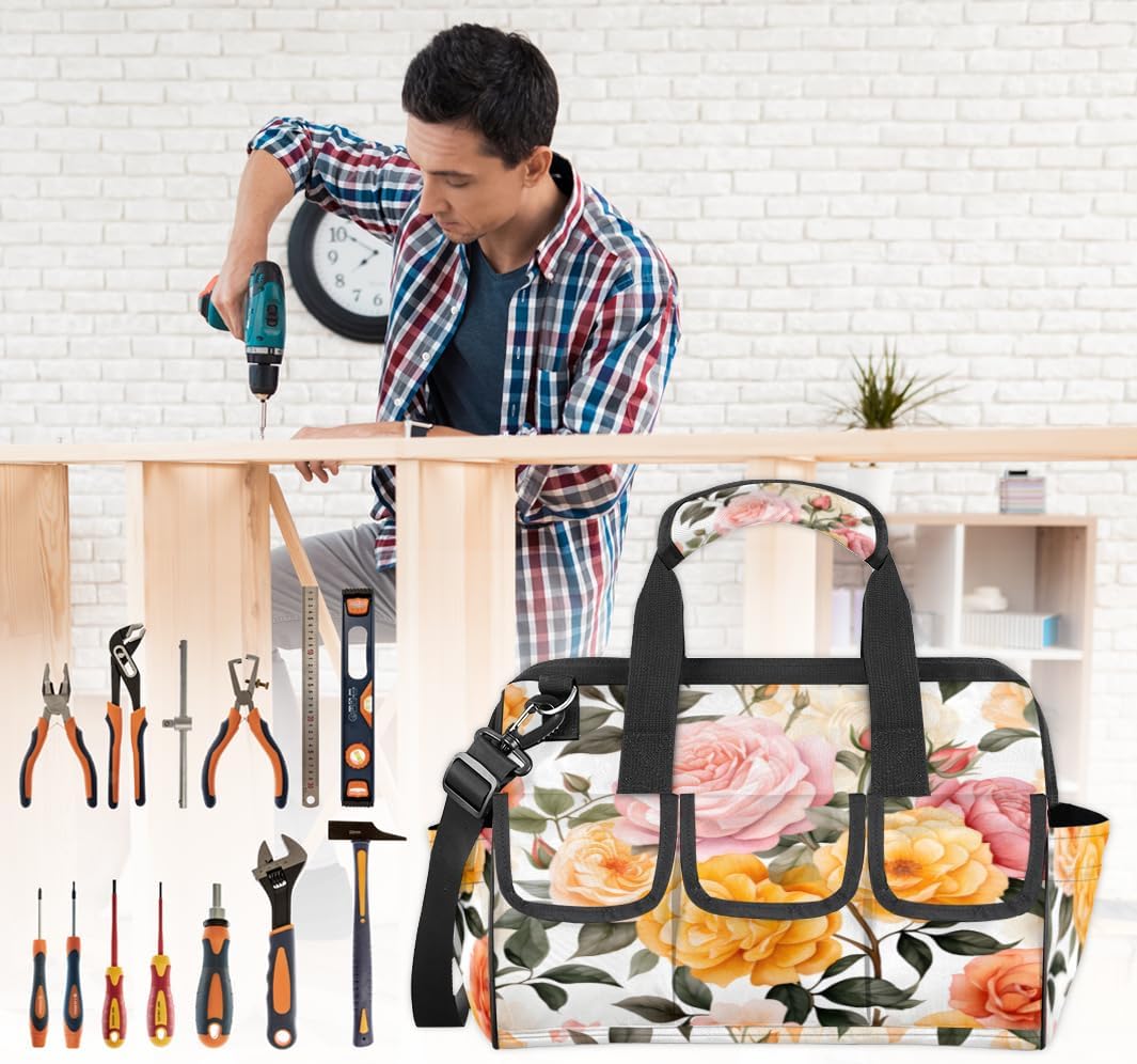 Rose Floral Pattern Heavy Duty Tool Bag 14.8 Inch for Men, Wide Mouth Garden Tool Storage Bag with Adjustable Shoulder Strap, 14 Pockets Tool Bag Organizer for Construction, Gardening