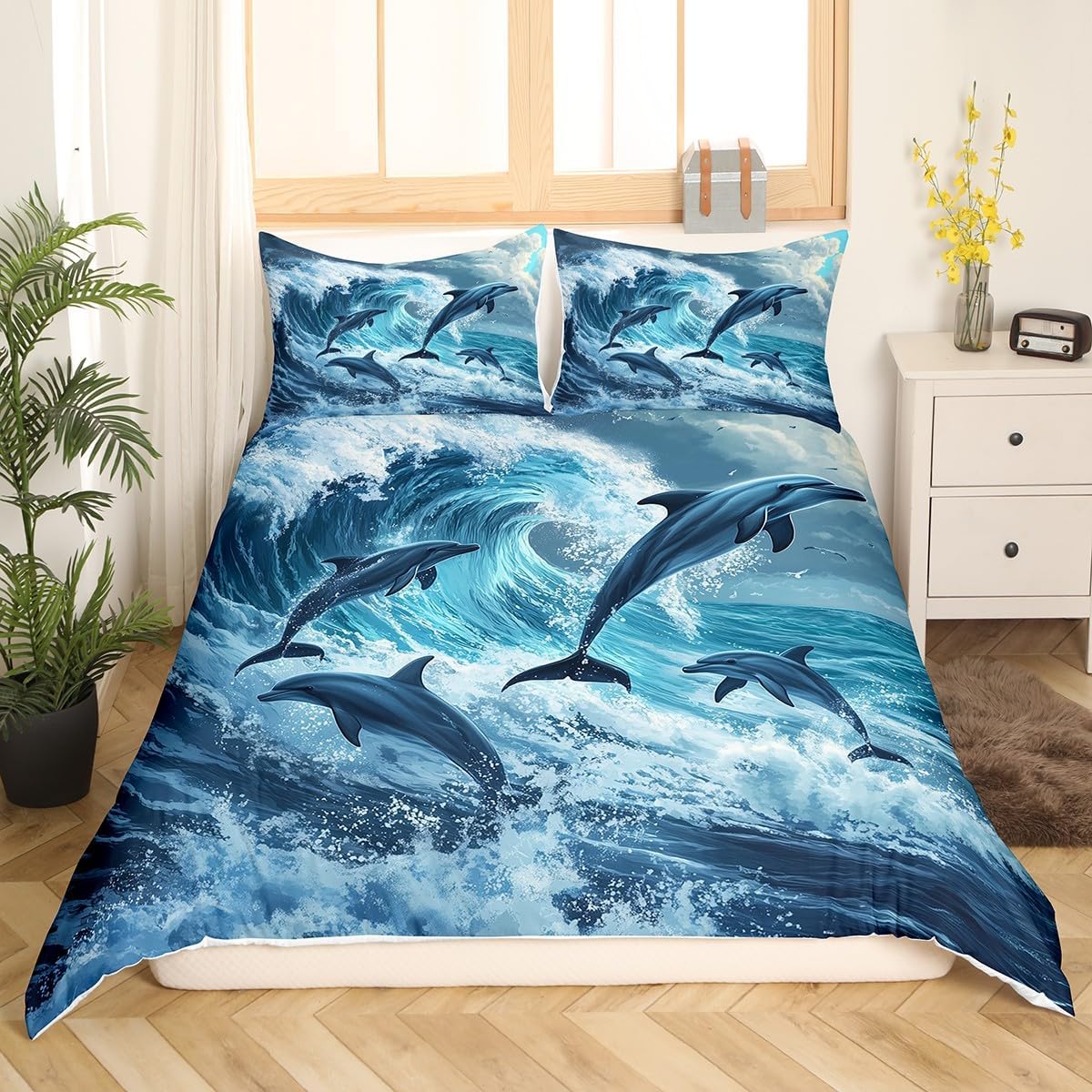 Dolphin Duvet Cover Set Toddler,Ocean Waved Jumping Dolphin Comforter Cover 2pcs for Boys Teens,Nauticall Sea Animal Quilt Cover,1 Pillowcase(No Comforter),Seaside Farmhouse Style Quilt Cover