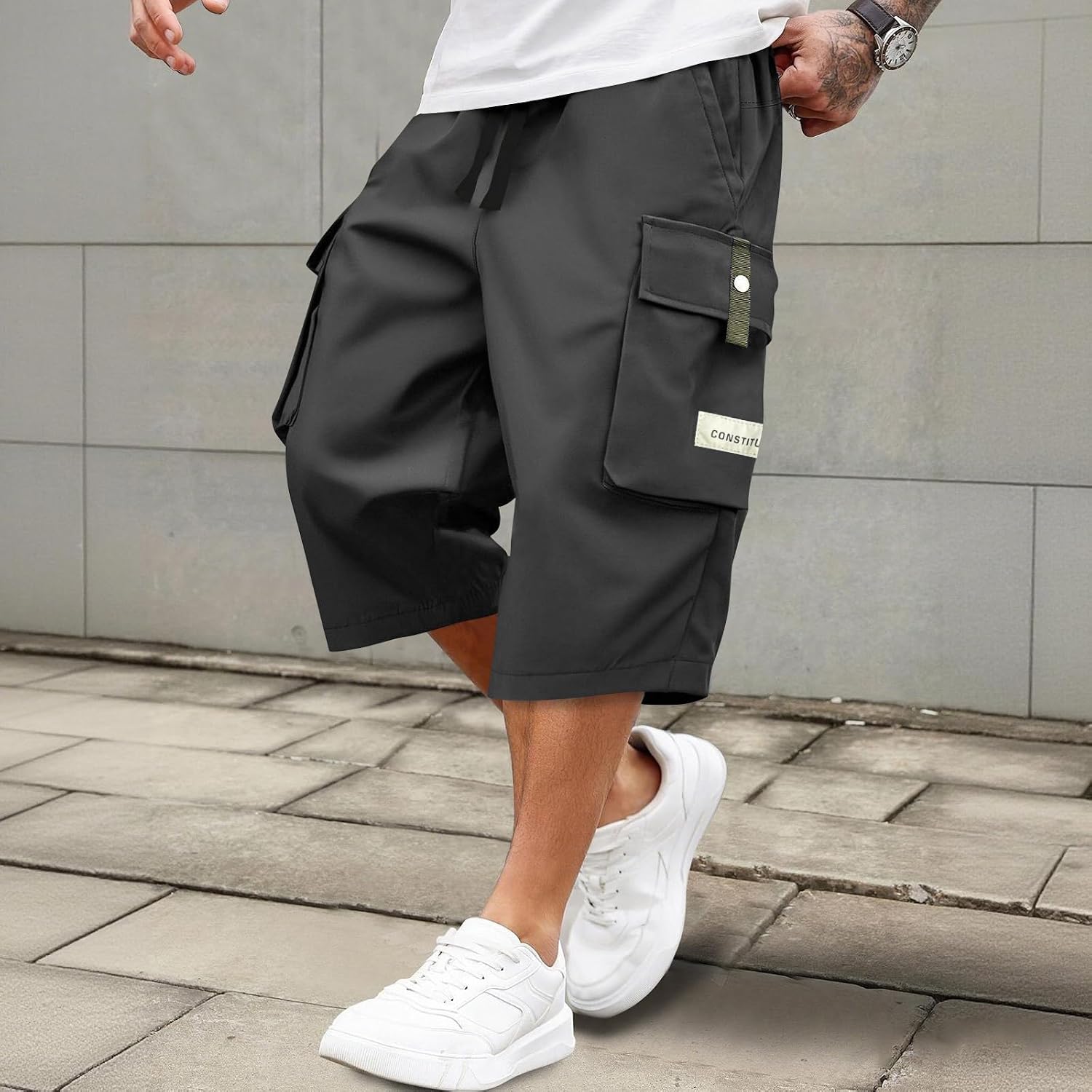 Long Cargo Shorts for Men Relaxed Fit Below the Knee Hiking Capri Shorts Elastic Waist Work Short Pants with Pockets