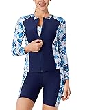 Jack Smith Womens Rash Guard 3 Piece Long Sleeve Bathing Suits for Women Zip Front Tankini Swimsuits UPF 50+ Navy/Flower Large