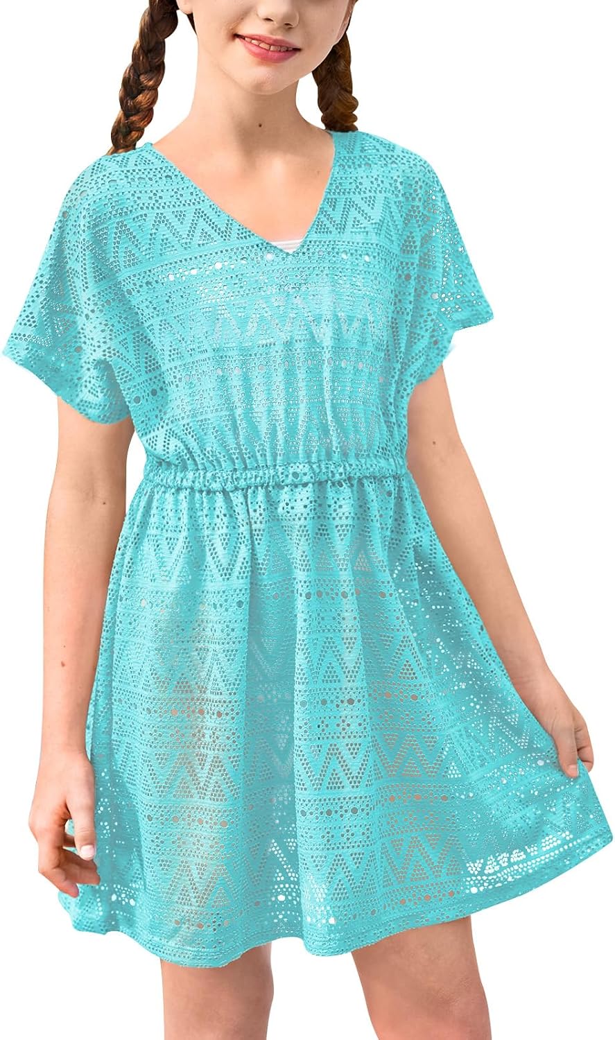 BesserBay Girls Summer Crochet Bat Sleeve Swim Cover Up Kids Fashion Hollow Out Beach Dress 5-14 Years