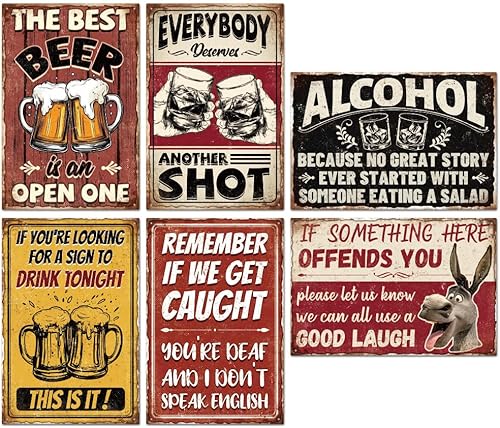 6 letreros de barra vintage para pared de bar del hogar, letreros de metal divertidos de 8 x 12 pulgadas para decoración de cueva, garaje, sótano,