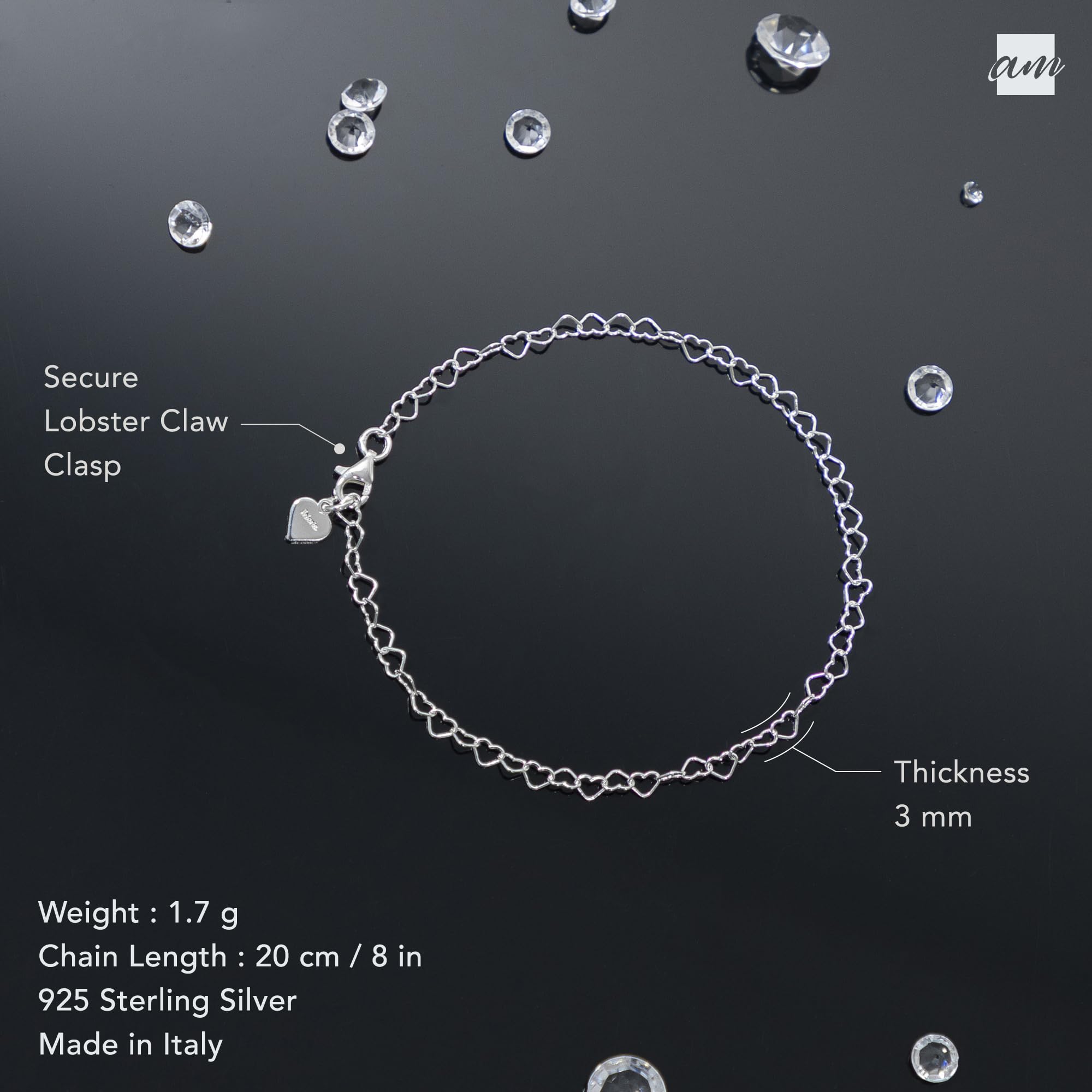 Amberta Srebro wysokiej próby 925 3 mm bransoletka z łańcuszkiem w kształcie serca rozmiar 19 cm