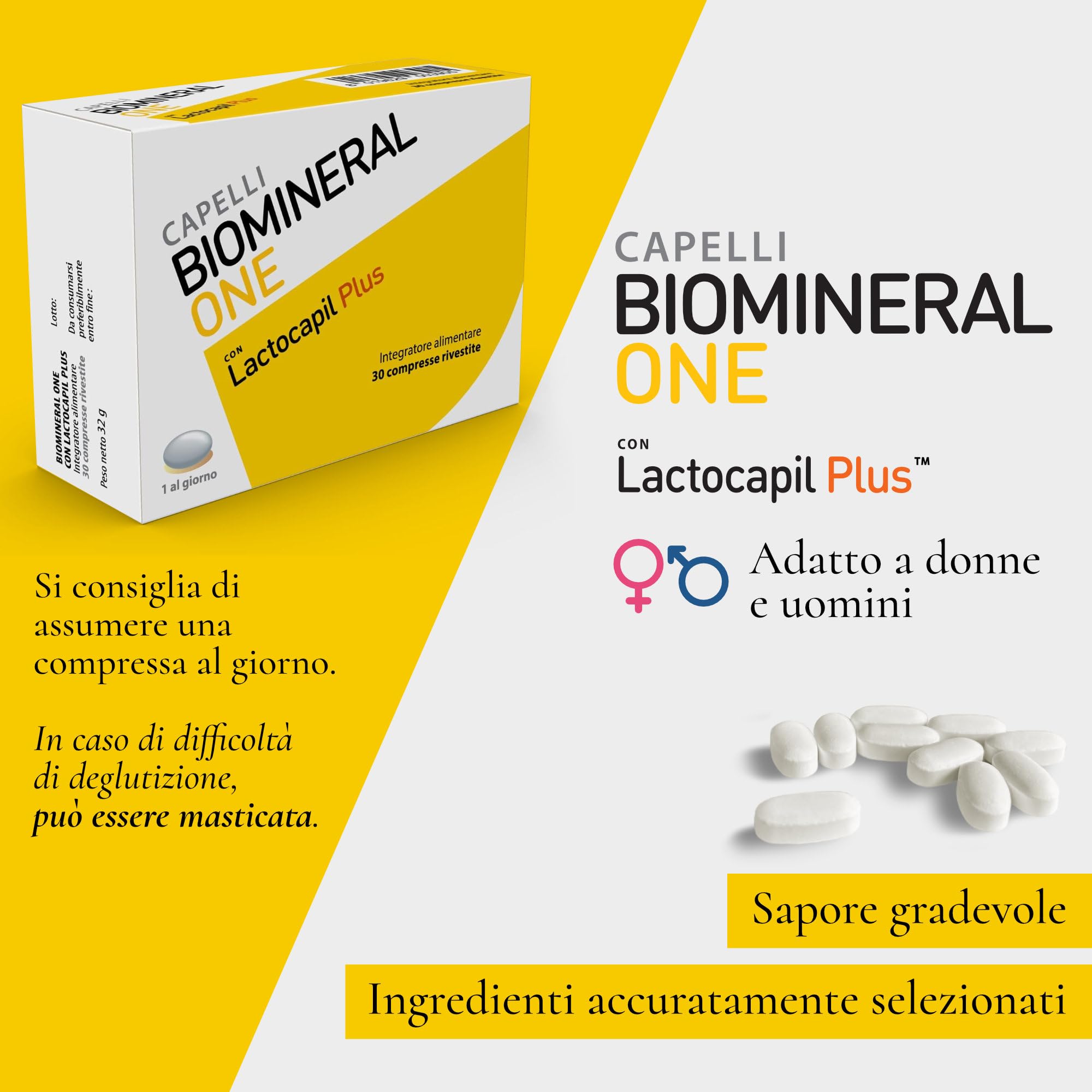 Biomineral One Capelli Più Forti, Valuminosi e Spessi, 60 Compresse, Integratore per Capelli a Base di Lactocapil Plus con Biotina, Vitamina D, Acido Linoleico e Taurina, 2 Confezioni da 30 Compresse