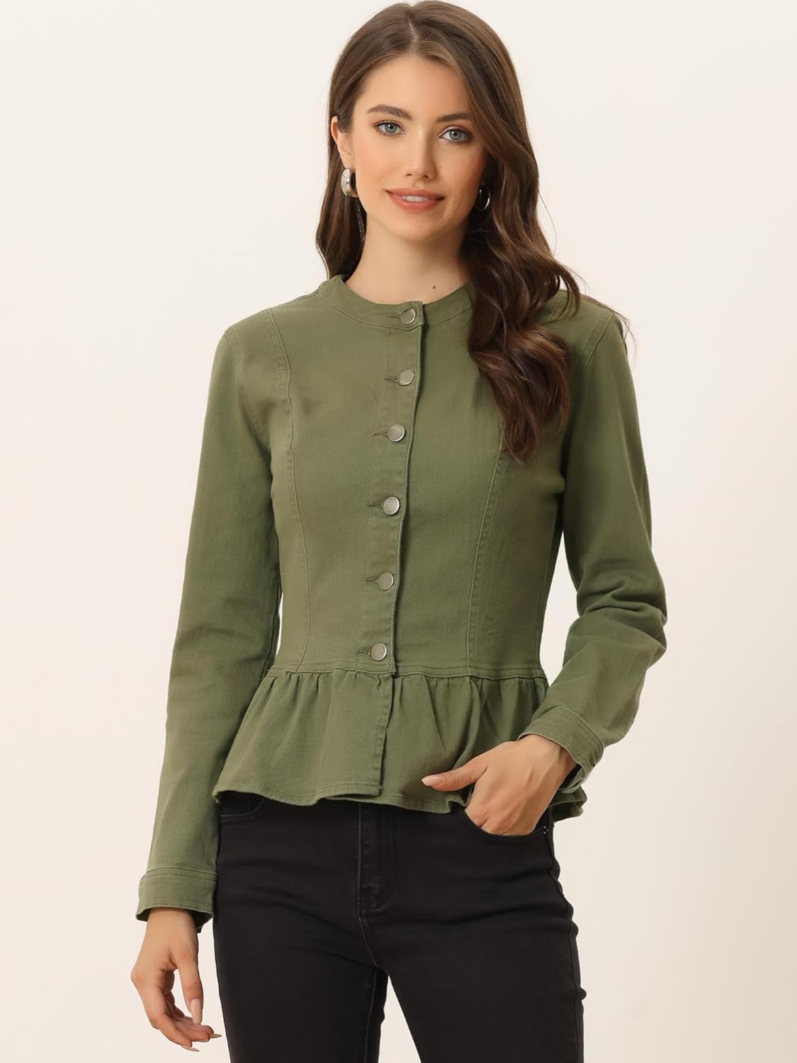 Allegra K Women's Peplum Denim Jackets Collarless Round Neck Button Down Cropped Ruffle Hem Jacket - Image 3