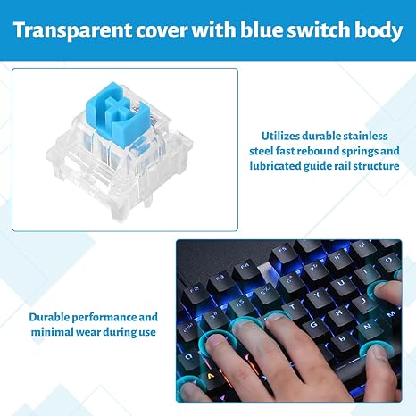 100 Mechanical Keyboard Switches,Blue Switches with 3-Pin Transparent Caps,Dustproof and Waterproof,Kkeyboard Keys Suitable for DIY Kits,LED Keyboards,Gaming Keyboards,Etc