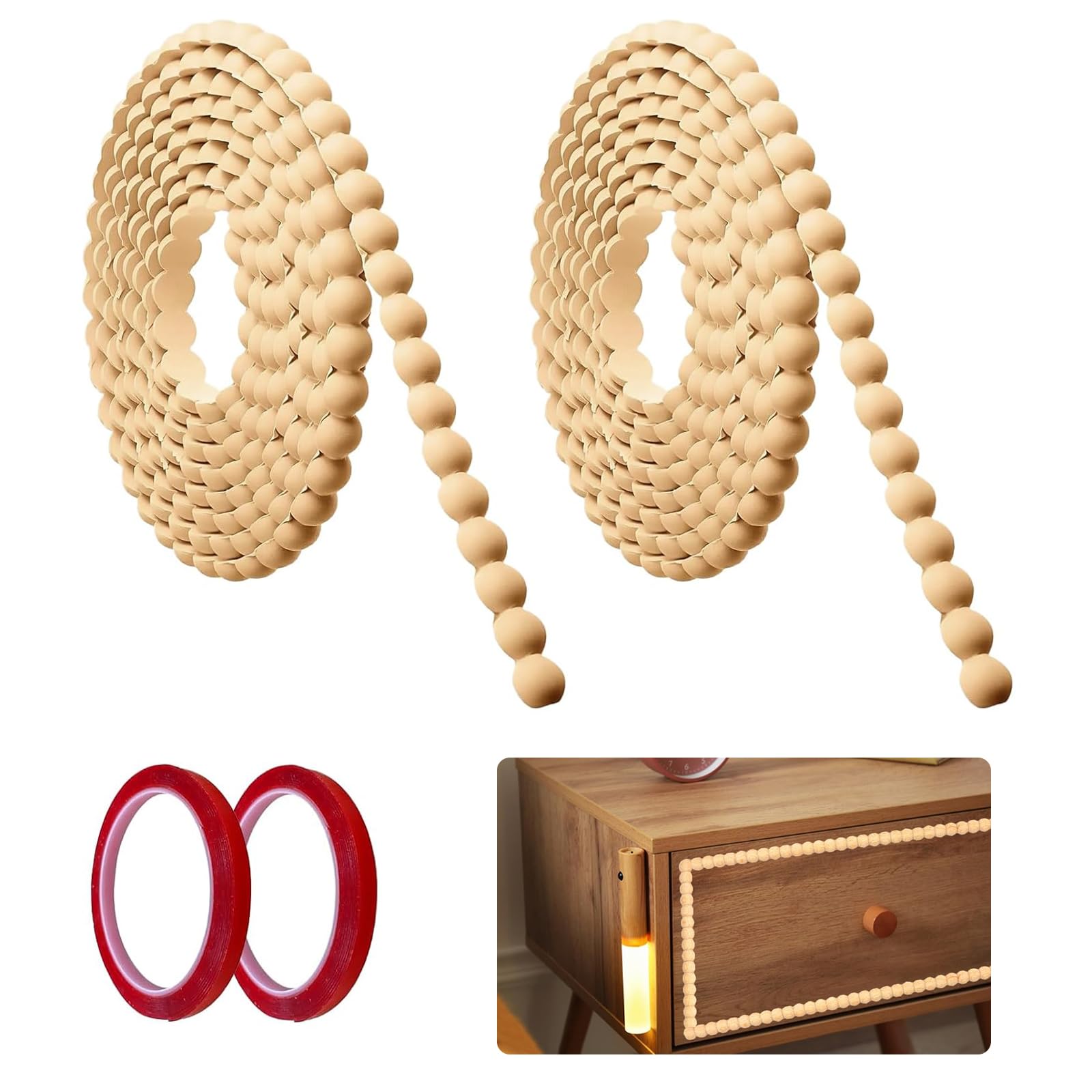 Beading for Wall Panelling,2 Rolls Bobbin Trim Moulding,15mmx2M Wood Beading Trim,Flexible Pearl Bobbin Moulding,Wood Grain Bead Trim for Wall Panelling Cabinet Furniture DIY,Adhesive Tape Included