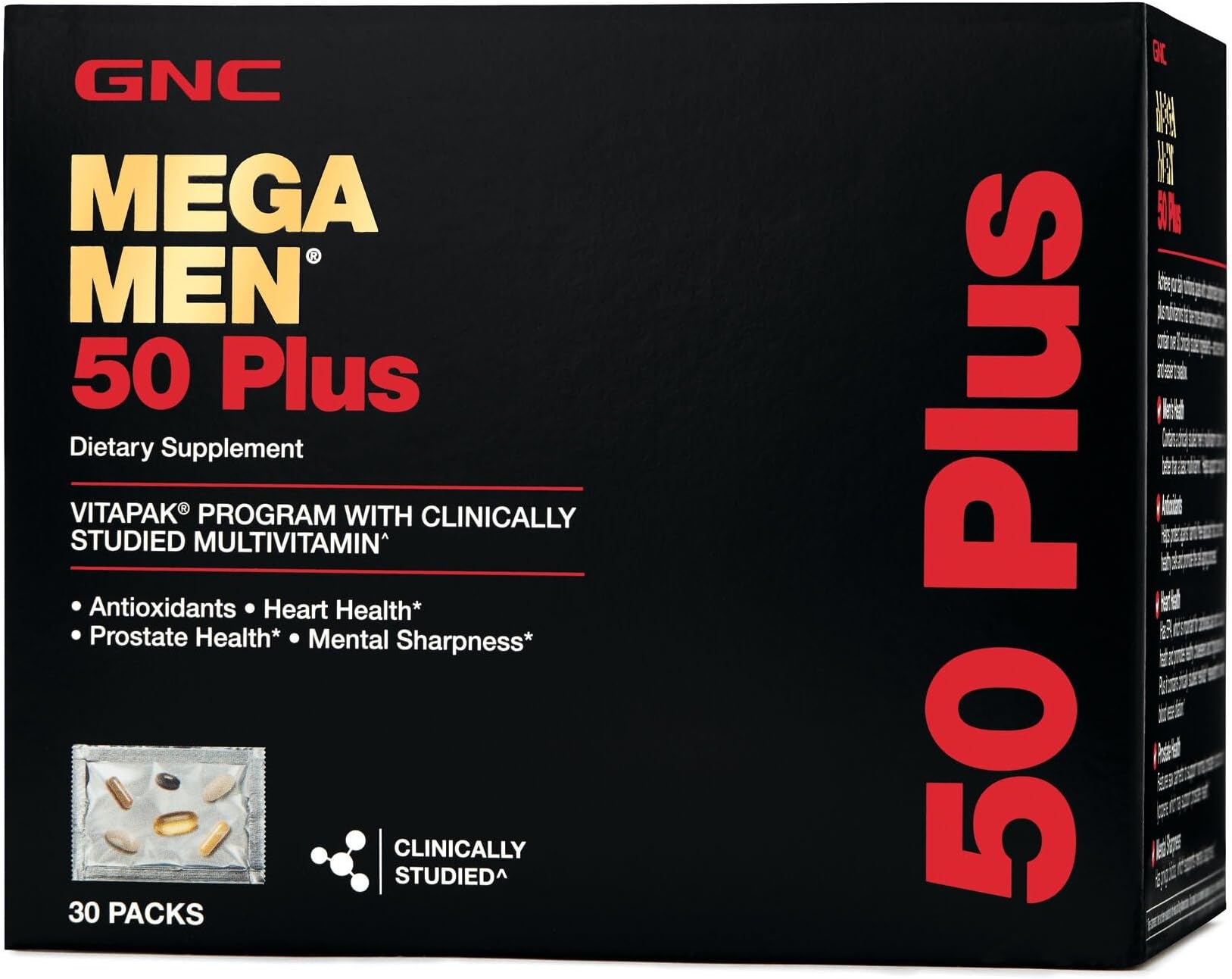 GNCMega Men 50 Plus Vitapak Program, Convenient Complete Nutrition, 5 Products in 1 Vitamin Pack, Multivitamin, Fish Oil, Mental Sharpness, Ginkgo, Prostate Health, 30 Packets, 30 Day Supply