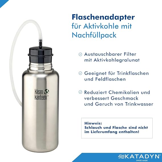 Katadyn Carbon Cartridge with Bottle Adapter for Combi Water Filter, Activated Carbon Reduces Chlorine and Chemicals, 200 Liter Capacity, Fits Bottles and Hydration Packs, Swiss Made | Activated Carbon Reduces Chlorine & Chemicals, 200L Capacity, Fits Bottles & Hydration Packs, Swiss Made
