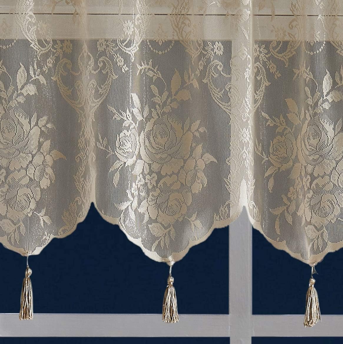 Warm Home Designs Pair of 2 Brown Linen Color Standard Length 54” (W) x 84” (L) Semi Sheer Lace Curtain Panels & Attached Valances with 6 Tassels. Classic Elegant English Rose Pattern. L Linen 84”
