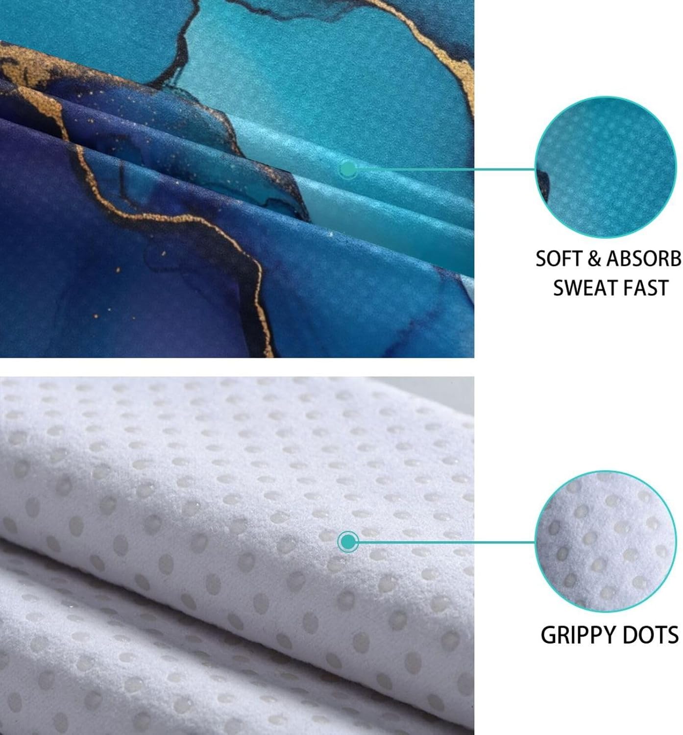 Yoga Mat Towel with Silicone Grip Dot Marble Purple Blue – 73"x27" Non-Slip Sweat Absorbent Microfiber Yoga Towel for Home Gym Studio