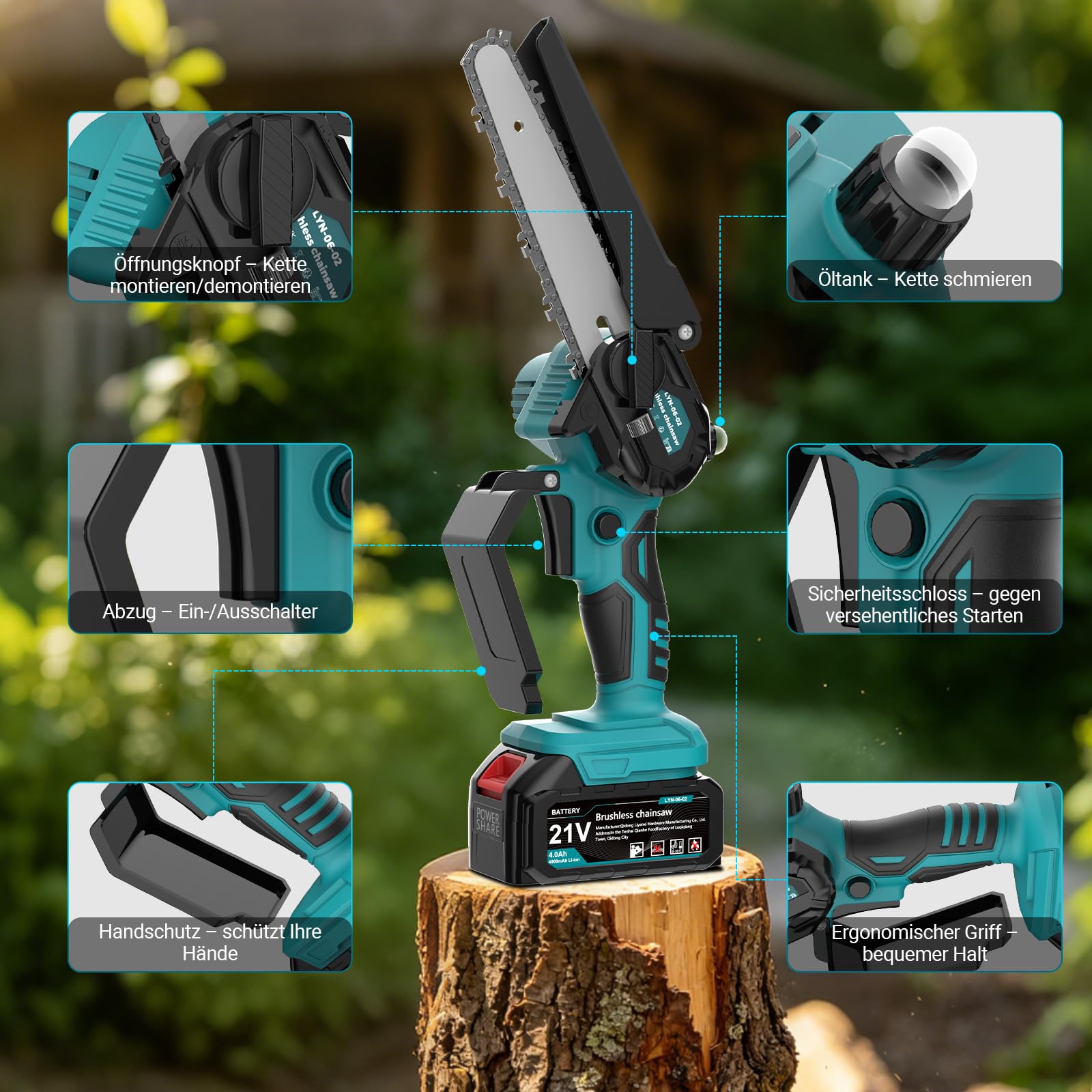 Mini motosega con batteria da 8000 mAh, 20,3 cm e 15,2 cm, senza spazzole, con 2 batterie da 4000 mAh, olio automatico, sega a mano, batteria per cesoie da giardino, cesoie da potatura, taglio del