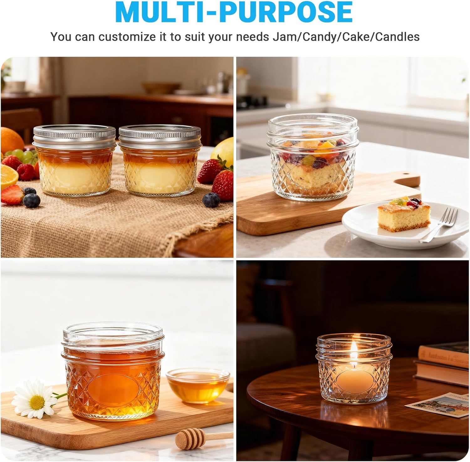 Cehomi 4 oz Mason Jars with Airtight Lids,Diamond appearance,Ideal for Honey,Jam,Fruits,Salad,Jelly,Wedding Favors and Kitchen Food Storage(40 PACK)