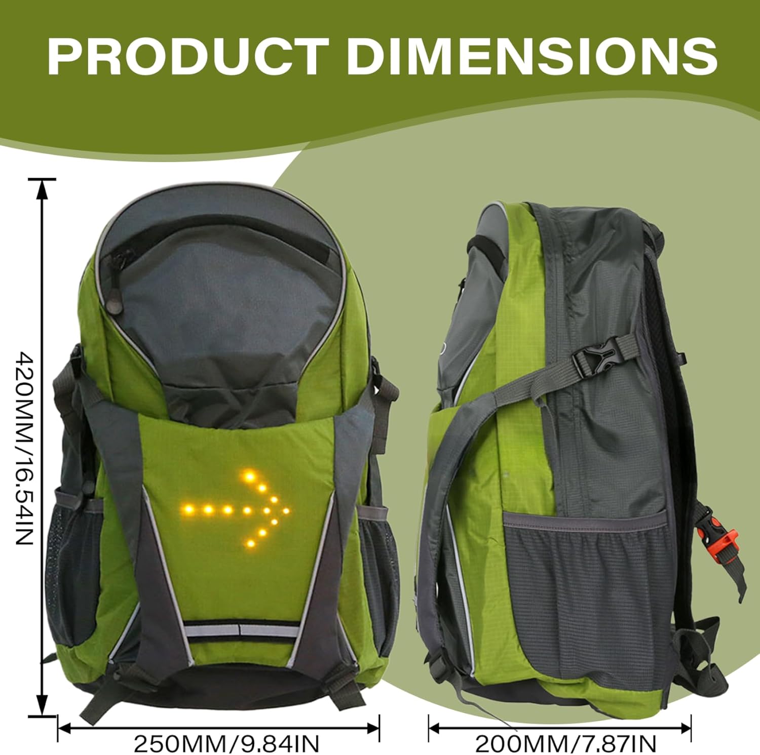 Cycling Backpack 18L Night Safety Indicator Lights Outdoor Cycling Backpack LED Stable Adjustable Nylon Motorcycle for Camping, Running, Hiking (Green)