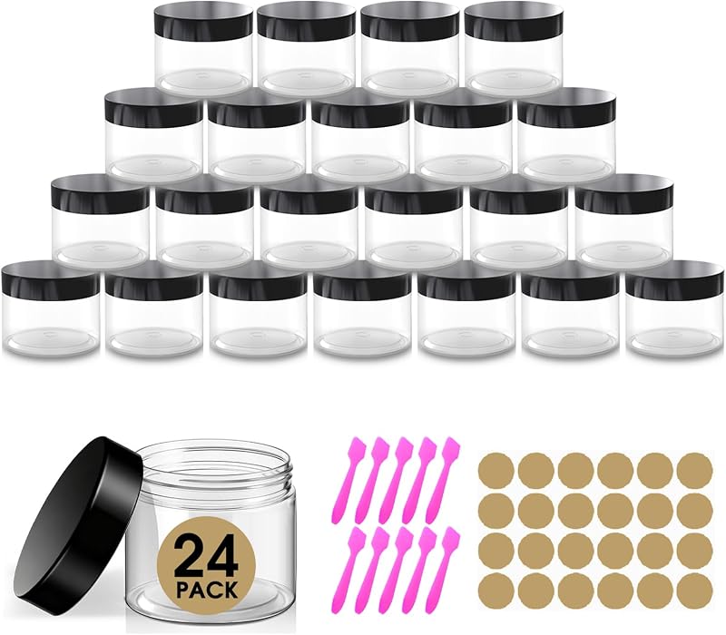 Amorix 24 Pcs 1 oz Plastic Jars with Black Lids Clear Jars for Body Butter