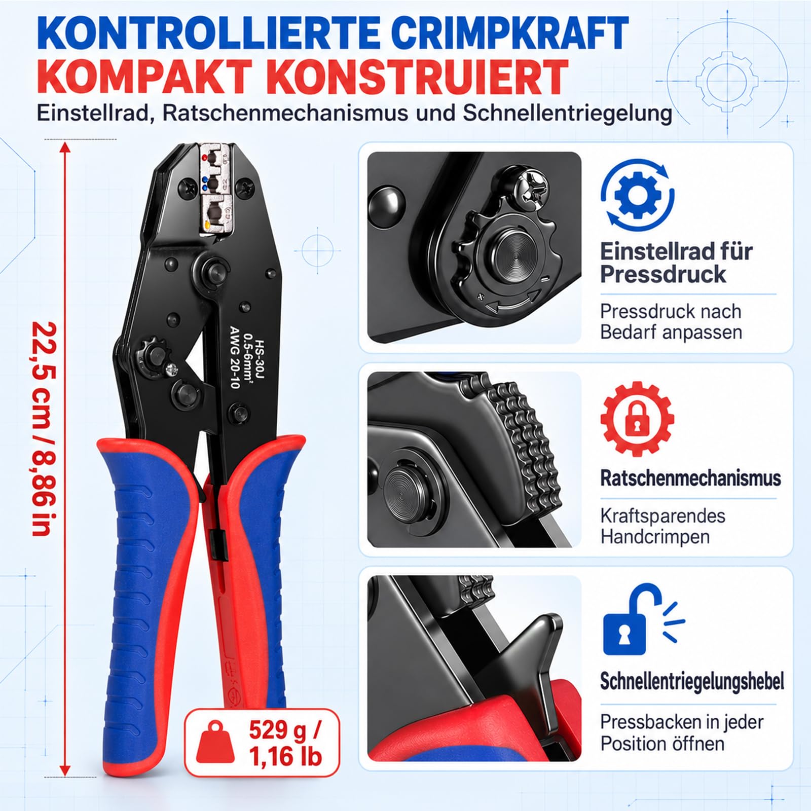 Crimpzange Set 6-teilig, Ratschen-Crimpzange mit 6 Wechselbacken