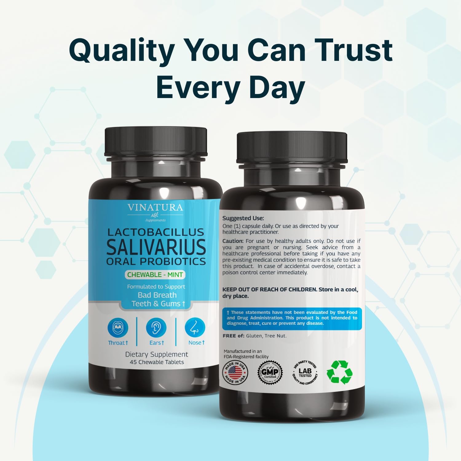VINATURA Lactobacillus Salivarius Oral Probiotics - Mouth Bad Breath Treatment for Adults, Dental probiotics for Teeth and Gums, Throat, Ear, Nose - 45 Chewable Mint Tablets - Image 8