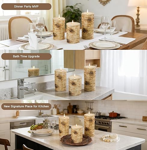 Miniatura 5 de Juego de velas de pilar con textura de corteza de abedul negro, cera real, 3 tamaños (4, 5, 6 pulgadas de alto), velas de chimenea de decoración