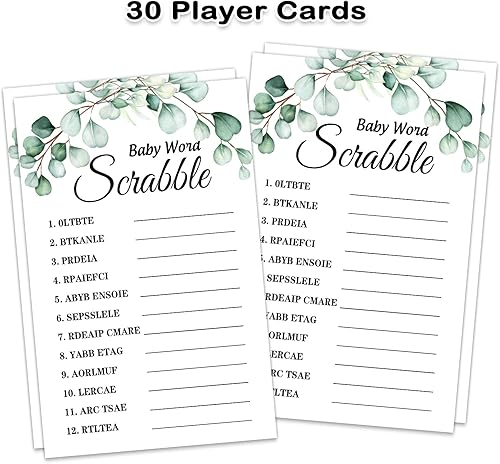 Miniatura 2 de Juegos de baby shower, juego de scrabble de palabras para bebé, tarjetas de fiesta temáticas de eucalipto verde para niños o niñas neutros de