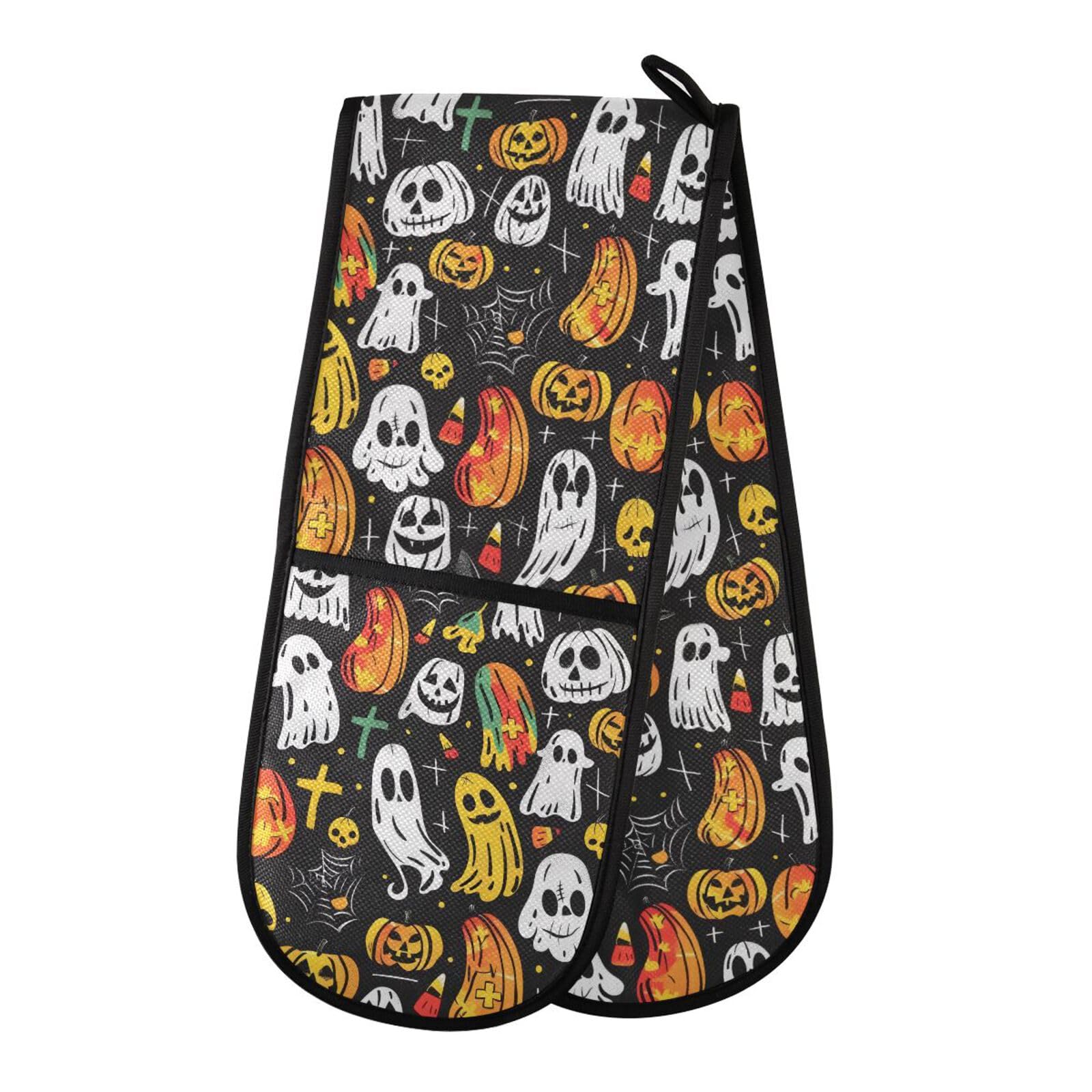 Double Oven Gloves Halloween Ghost Background Heat Resistant Pot Holder Oven Mitt Gloves for BBQ Cooking Baking Grilling Microwave