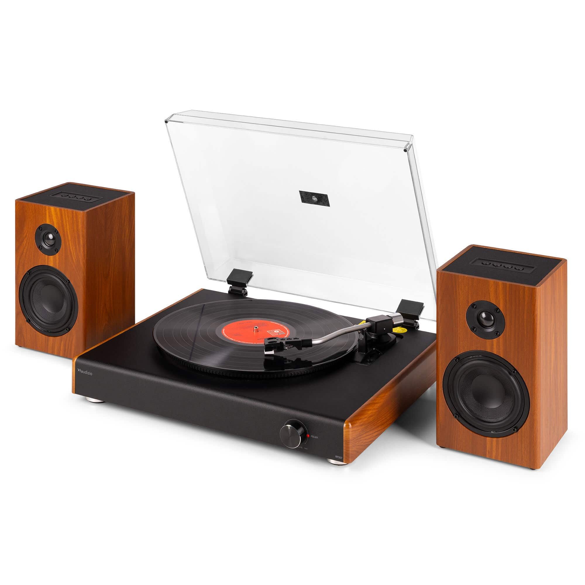 Audizio RP337W Giradischi con altoparlante Bluetooth – Lettore in vinile effetto legno – Record Player da 33, 45 e 78 giri/min – Tavolo da ginnastica con altoparlante wireless da 50 Watt – Giradischi