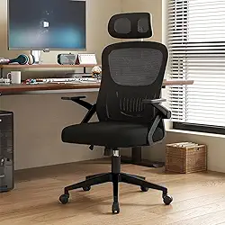 Cadeira de Escritório Giratória com Braços Dobráveis, Encosto de Malha e Apoio de Cabeça Ajustável (Preto)