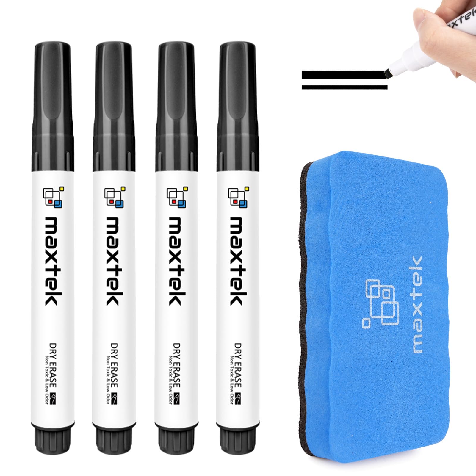maxtek Black Dry Erase Markers 4 Count with 1 Magnetic Eraser Low Odor Chisel Tip for Office School