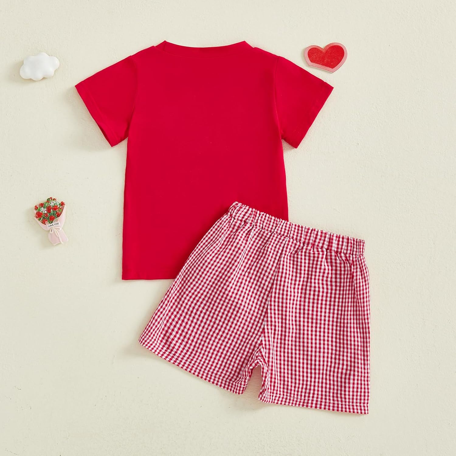 Toddler Baby Boy Valentines Day Outfit Heart Embroidery Smocked Short Sleeve T-Shirt Plaid Shorts Set Spring Outfits - Image 6