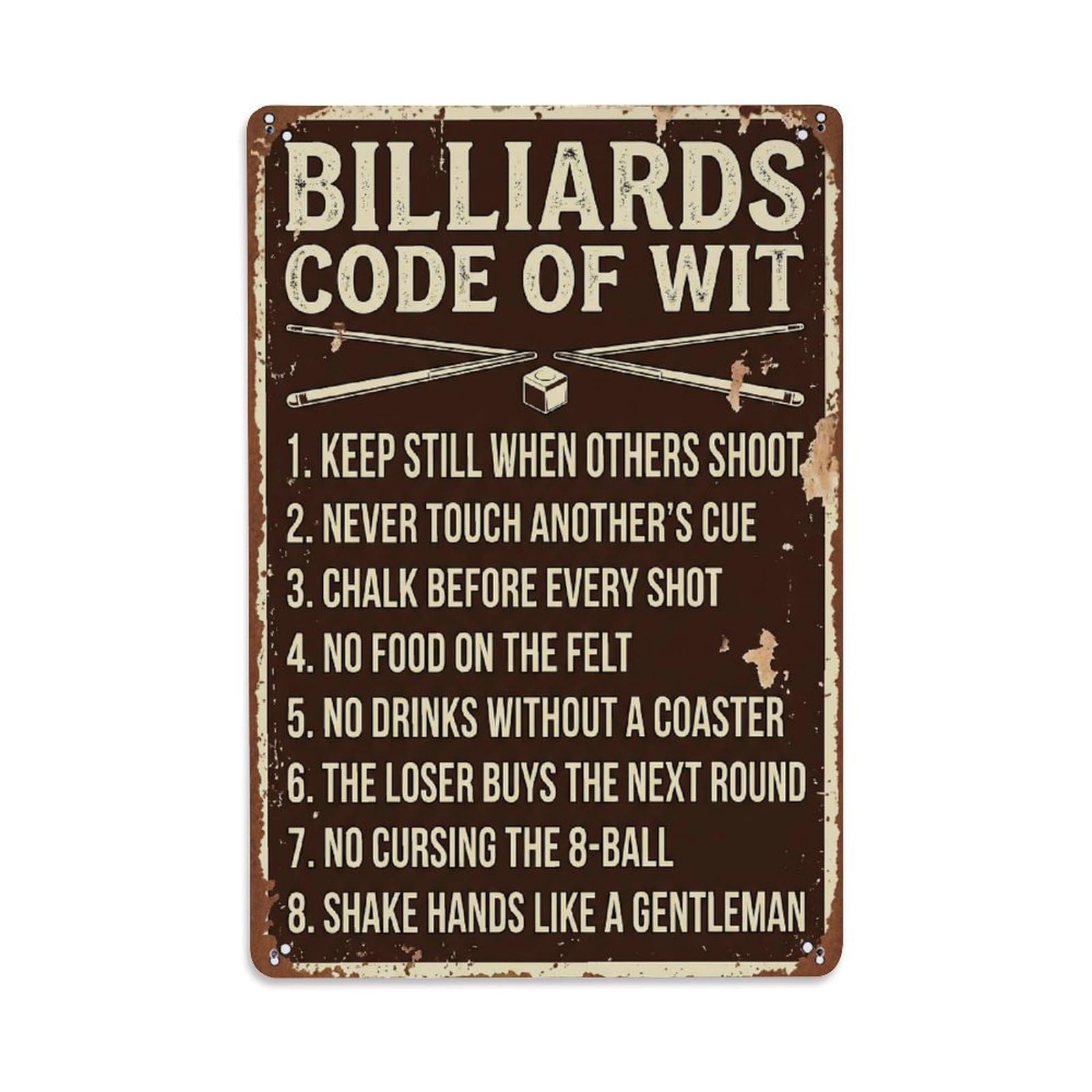 Billiards Code Witty Game Room Metal Tin Sign Plaque Wall Decor for Cafe, Club Bar, Office, Home Garden Metal Poster 8x12Inch