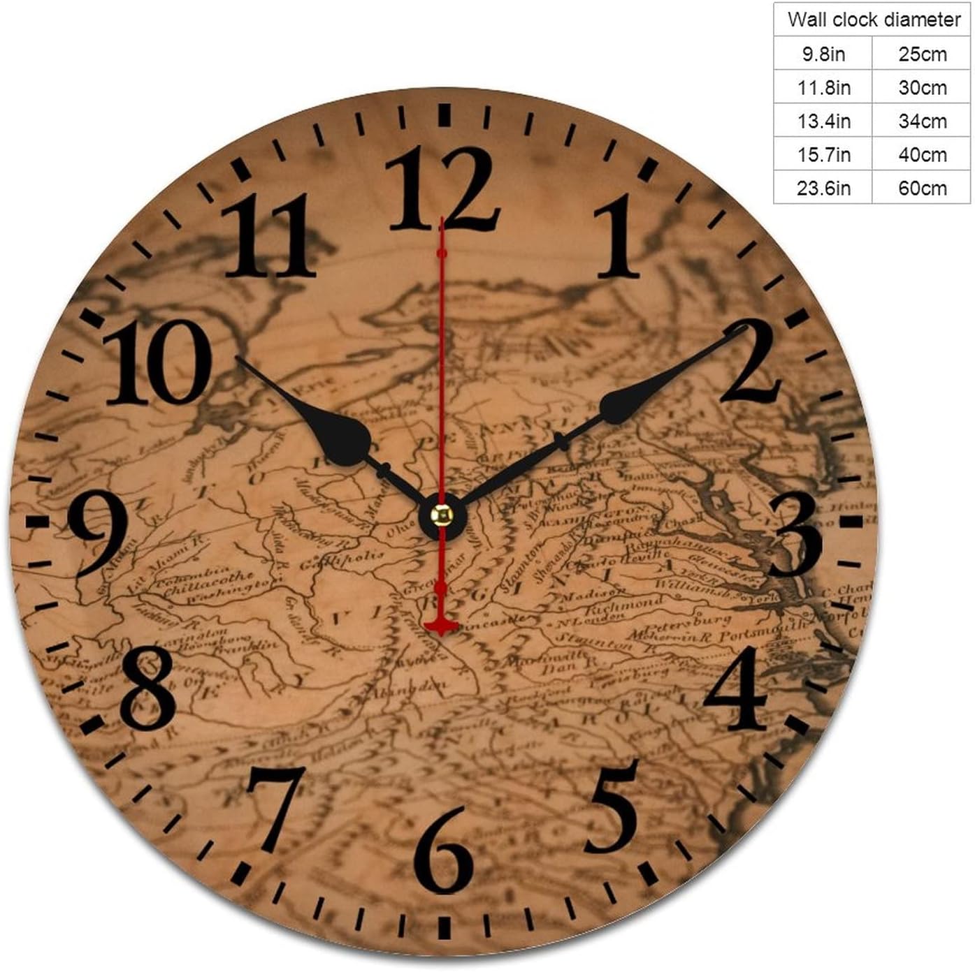 16 Inch Clocks Vintage World Map Wooden Hanging Clock Battery Operated Arabic Numeral Vintage Wanderlust Pirate Map Wooden Wall Clocks Living Room Bedroom Office Kitchen School