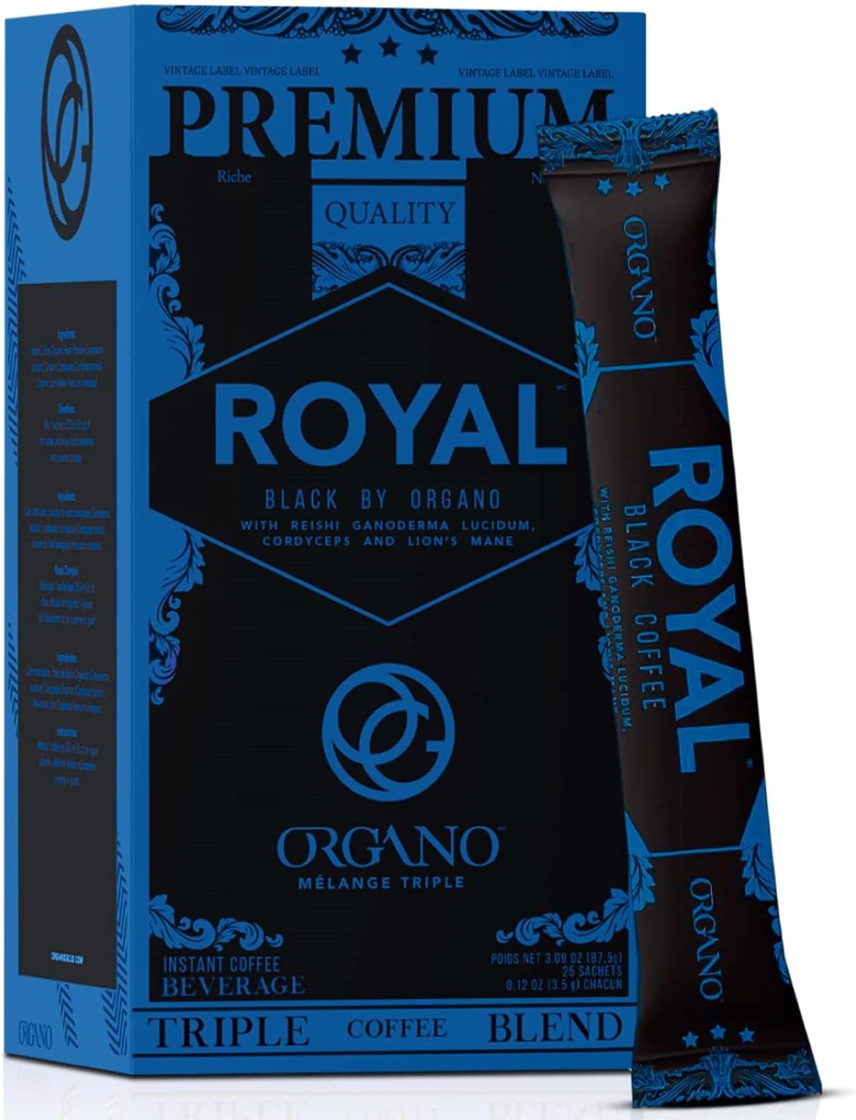 ORGANO Royal Black Medium Dark Roast Instant coffee. Infused with Triple Mushroom Blend, Ganoderma, Cordyceps and Lion's Mane. Aromatic and flavorful Ground Coffee Beans (25 Sachets)