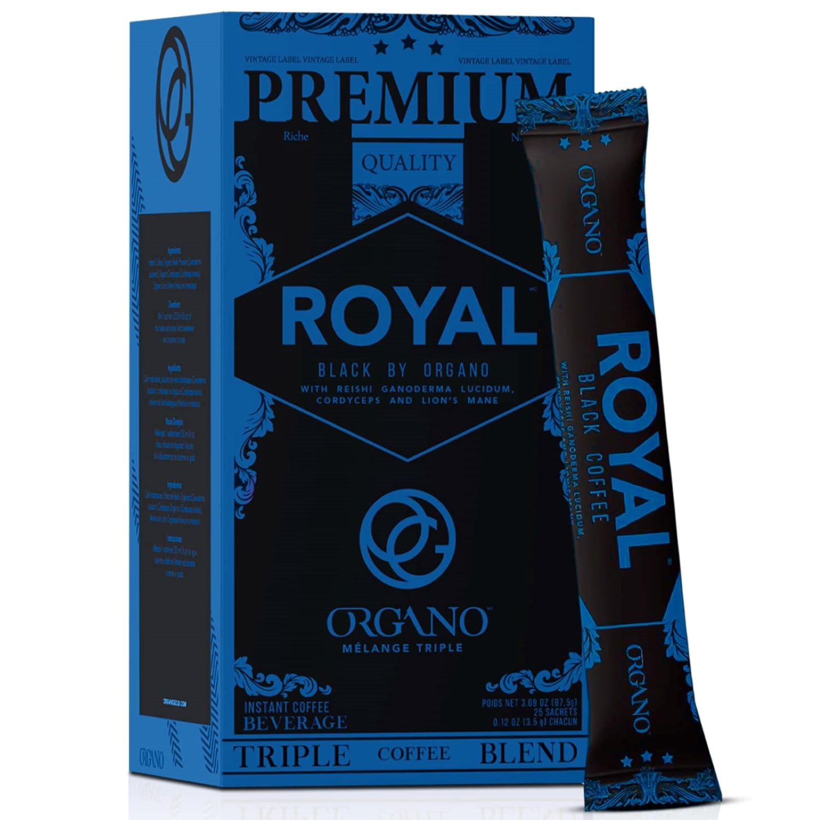 ORGANORoyal Black Medium Dark Roast Instant coffee. Infused with Triple Mushroom Blend, Ganoderma, Cordyceps and Lion's Mane. Aromatic and flavorful Ground Coffee Beans (25 Sachets)