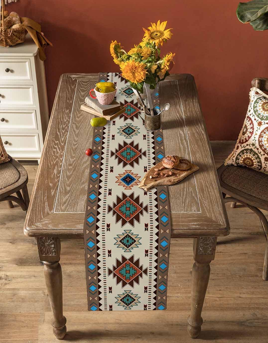 Southwestern Table Runner 72 Inches Long for Dining Table, Cotton Linen Farmhouse Table Runner Washable Coffee Runners for Kitchen Dresser Holiday Ethnic Illustration of a Zigzags Art 18x72in