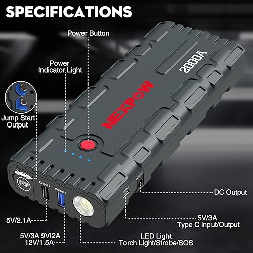 Miniatura 5 de NEXPOW Arrancador de batería de coche de pico de 2000 A con carga rápida USB 3.0 (hasta 7.0L de gas o motor diesel de 6.5 L), caja de salto portátil