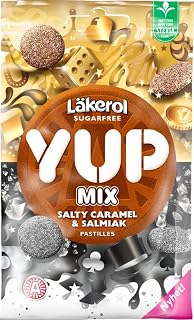 3 Bags x 30g of Läkerol Yup Mix - Salty Caramel & Salmiak - Original - Swedish - Sugar Free - Pastilles - Lozenges - Dragees - Drops - Candies - Sweets with Stevia