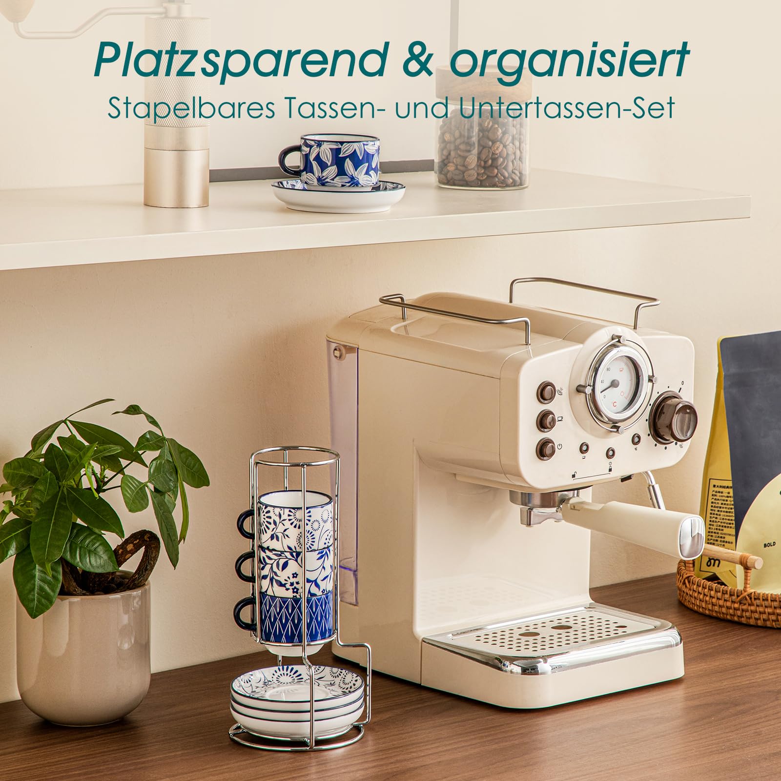 vancasso Espressotassen Set, SELENE Espresso Tassen Set mit Untertasse & Ständer, Stapelbar Dickwandig Kaffeetassen aus Porzellan für Cappuccino, Latte und Tee, Vintage blau-weiß (4 x 90 ml)