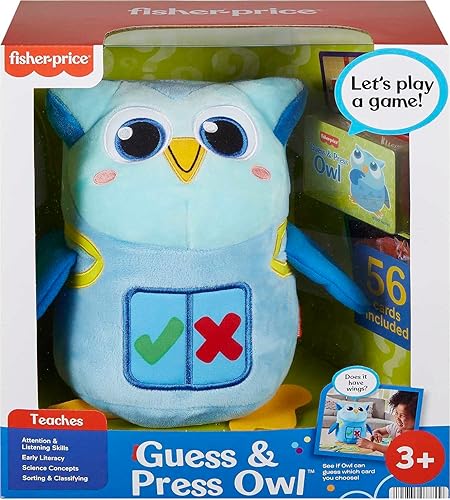 Miniatura 6 de Fisher-Price Juguete de aprendizaje preescolar para adivinar y presionar búho, peluche electrónico con tarjetas y juegos interactivos para niños a