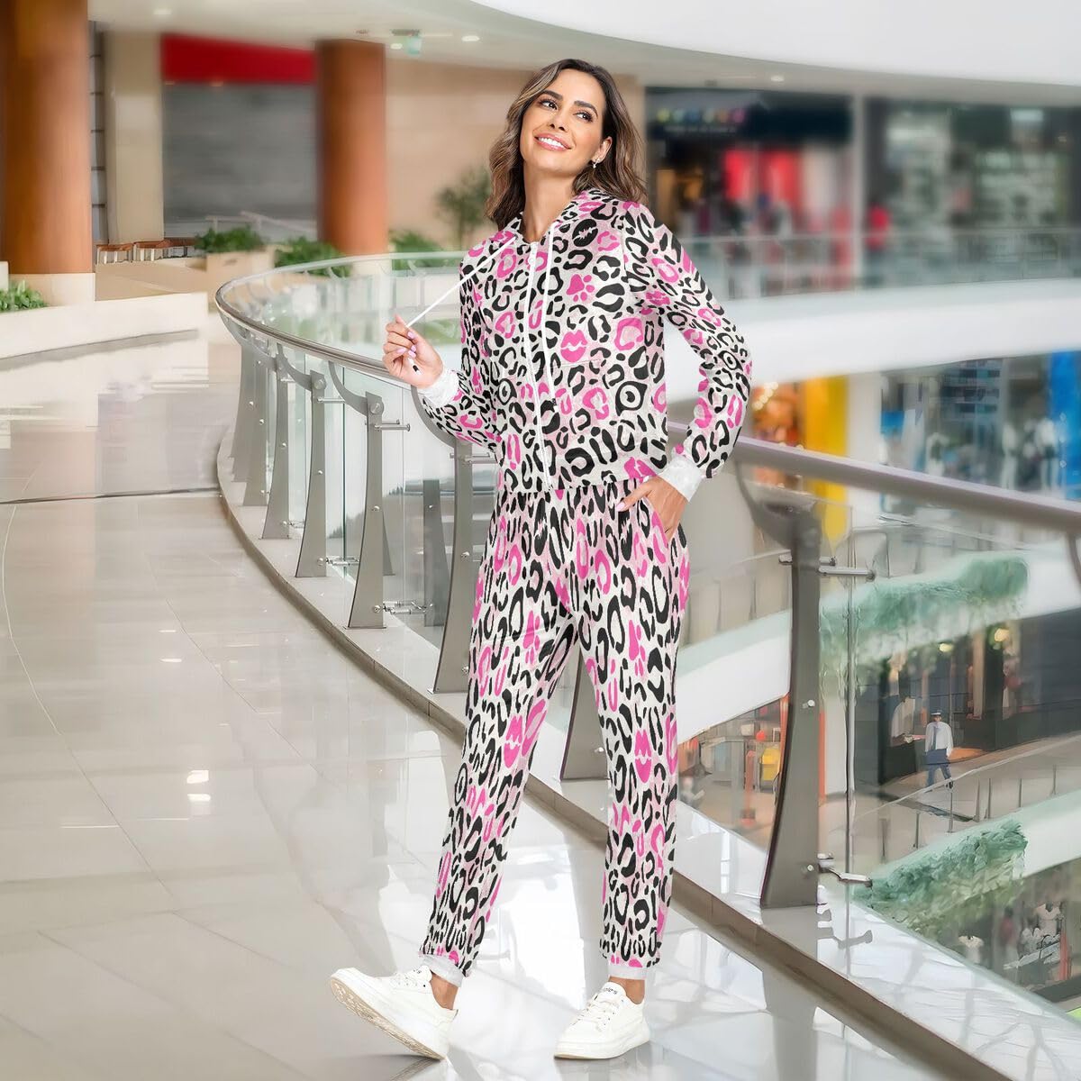 Conjunto deportivo de 2 piezas para mujer, diseño de labios besados, piel de leopardo, conjunto deportivo de manga larga, conjunto deportivo de piel de animal