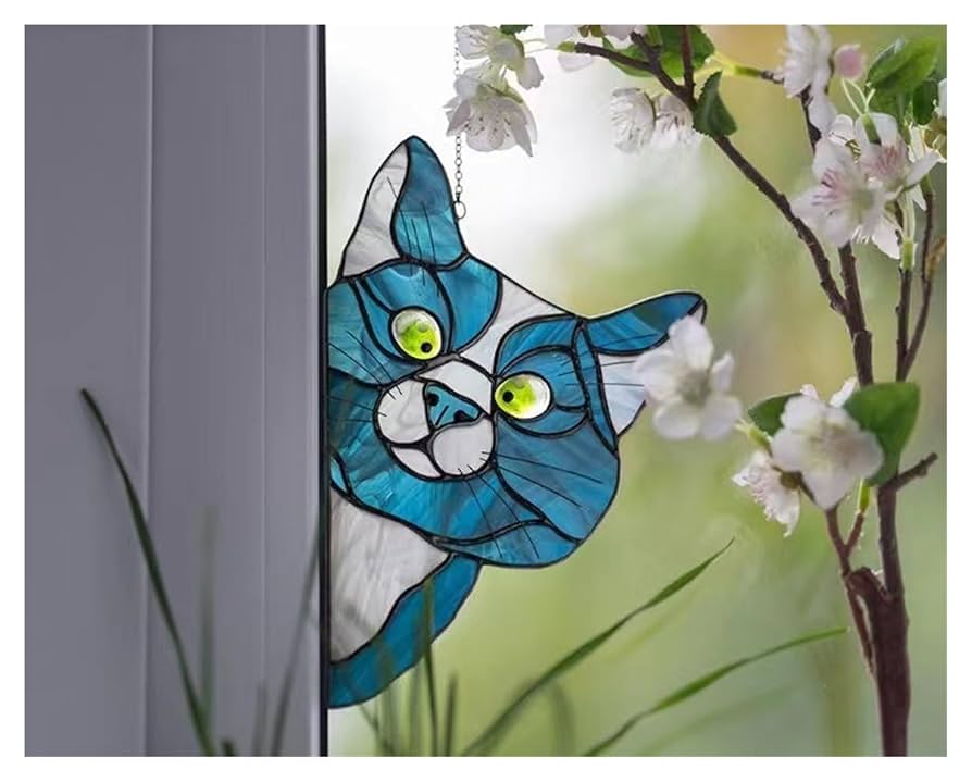 ステンドグラスパネル　オッドアイの猫 Amazon.co.jp: ステンドグラスパネル ステンド窓吊り下げパネル