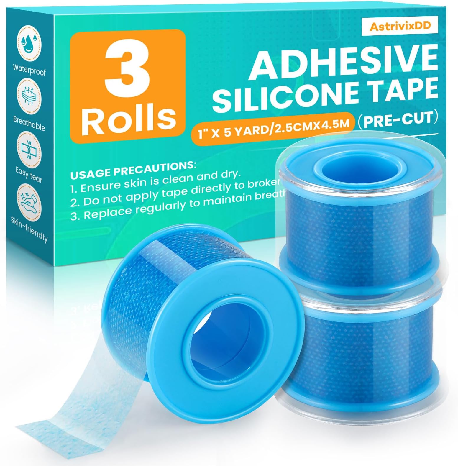 3 Rolls Soft Silicone Tape 1" x 5 Yards, Pre - Cut Waterproof Medical Tape, Silicone Tape for First Aid, Wound, Sensitive Skin