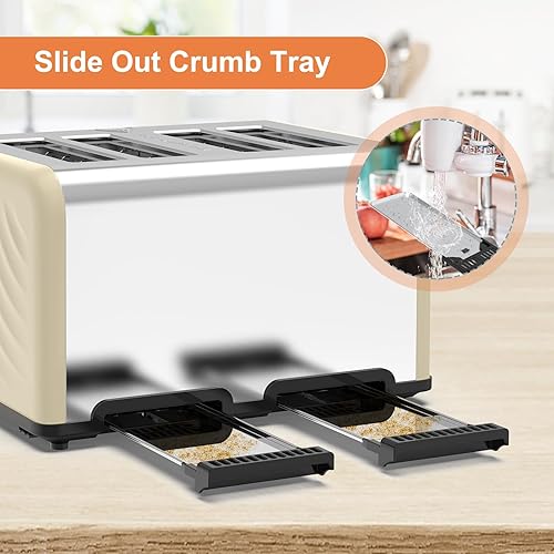 Miniatura 6 de Tostadora de acero inoxidable con temporizador LCD, ranuras extra anchas, pantalla doble, bandeja de extracción de migas (crema)