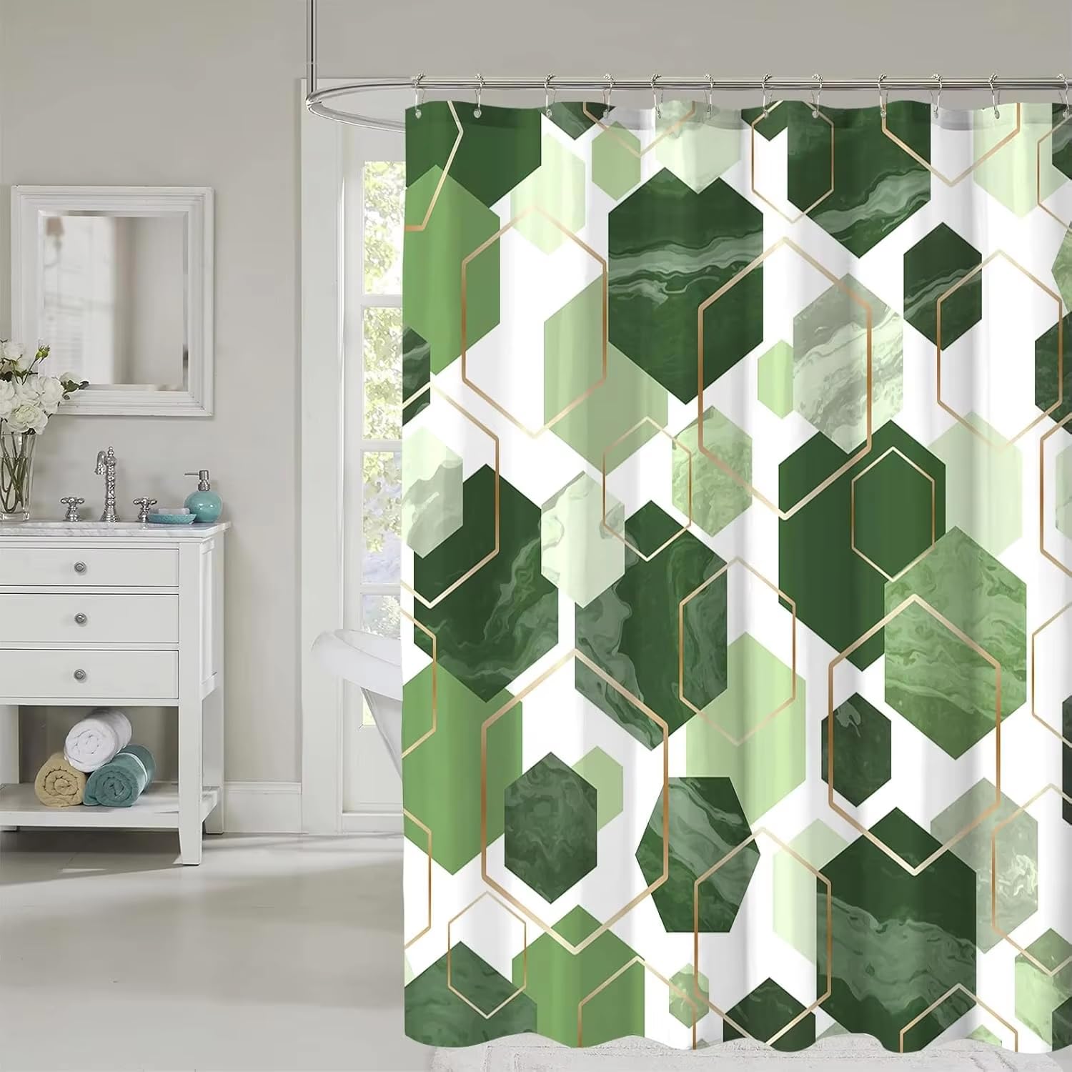 KELAIMI Marble Geometric Shower Curtain,Gold Hexagon Bathroom Curtain with Hooks,Modern Luxury Washable Quick-Drying Fabric Bathtub Curtains Green 200X200Cm