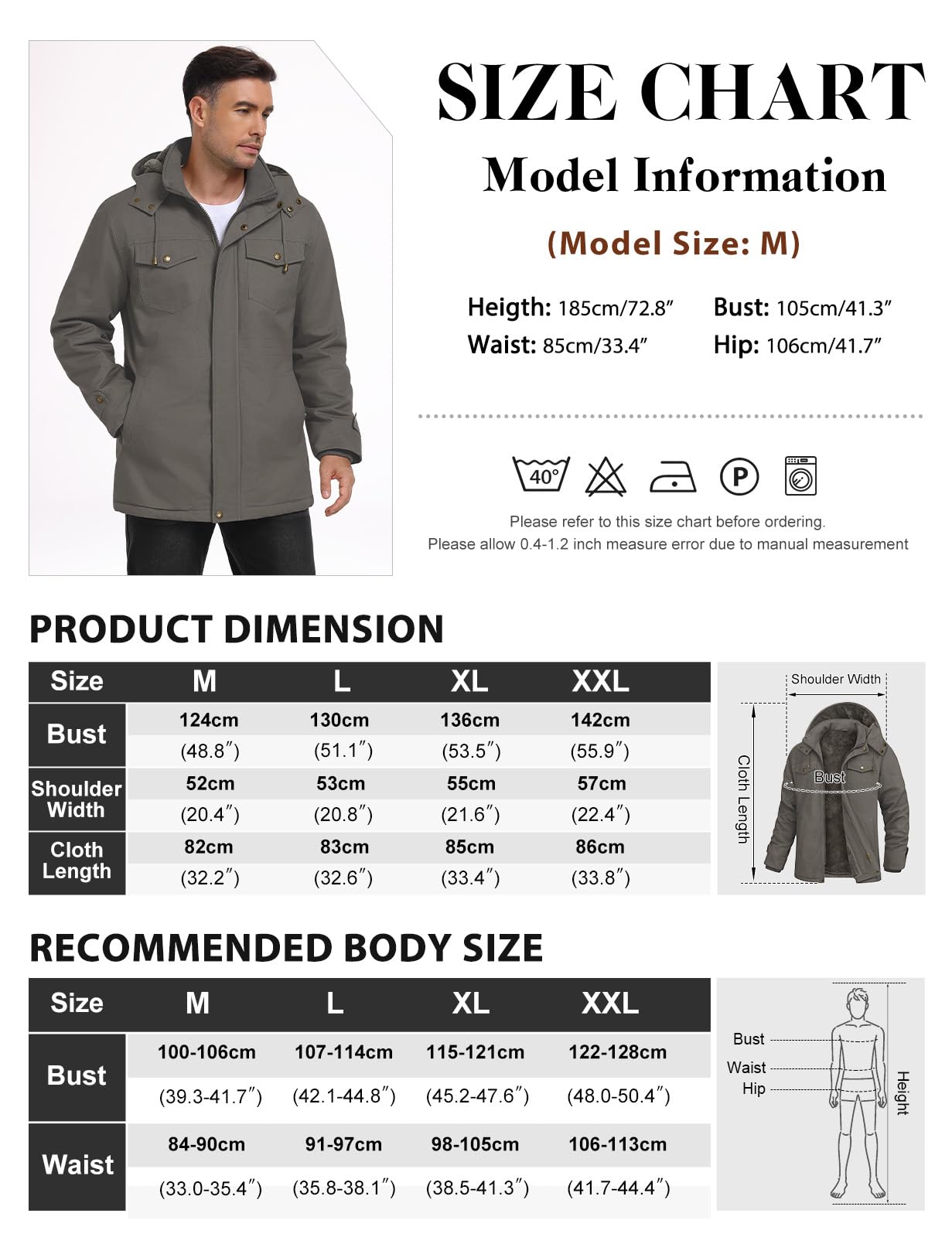 Xnova Chaqueta Hombre Invierno Abrigos Cálido Forro Polar Algodón Parka con Capucha Desmontable Chaqueta Militar Termica Cazadora Entretiempo Trabajo con Bolsillos Múltiples