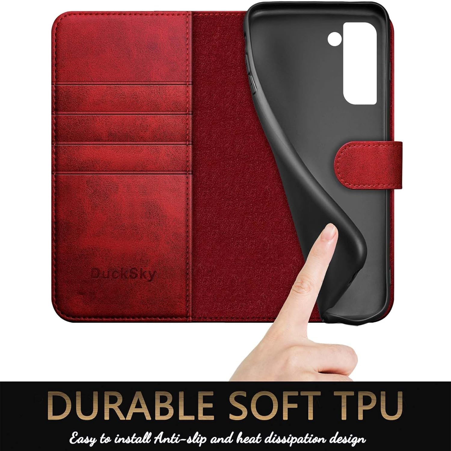 DuckSky for Samsung Galaxy S22 Genuine Leather Wallet case 【RFID Blocking】【4 Credit Card Holder】【Real Leather】 Flip Folio Book Phone case Protective Cover Women Men for S22 case Red