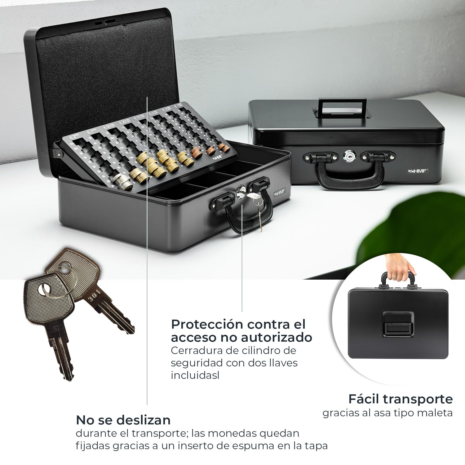 HMF 22037-02 Caja de caudales para contar y transportar dinero 36 x 25 x 11 cm, negro