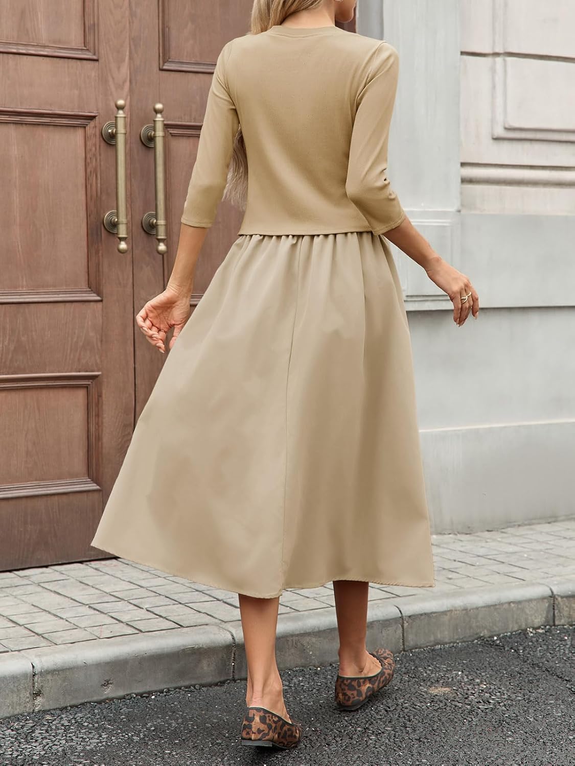 Tankaneo Womens 2 Piece Skirt Sets 3/4 Sleeve Knit Cardigan Elastic Waist Midi Skirt Outfits Casual Matching Dress Set - Image 4